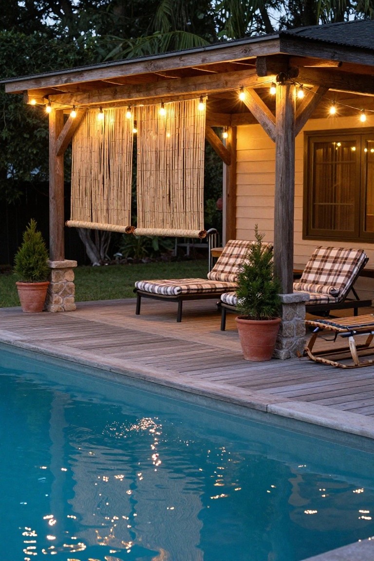 Wooden pergola with hanging string lights and bamboo screens beside a swimming pool, showing lounge chairs on a deck with potted plants.