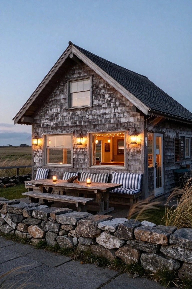 Small gray shingled cottage exterior at dusk with lit windows and string lights, wall-mounted lanterns, wooden table with candles and cushions on benches, stone wall, and surrounding grass and ornamental grasses.