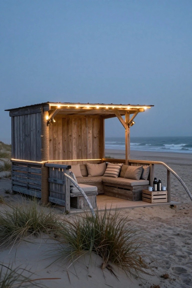 Wooden gazebo on sandy beach at dusk with beige L-shaped outdoor sofa, small wooden table holding thermoses and cups, string lights along roofline and posts, ocean waves in background.