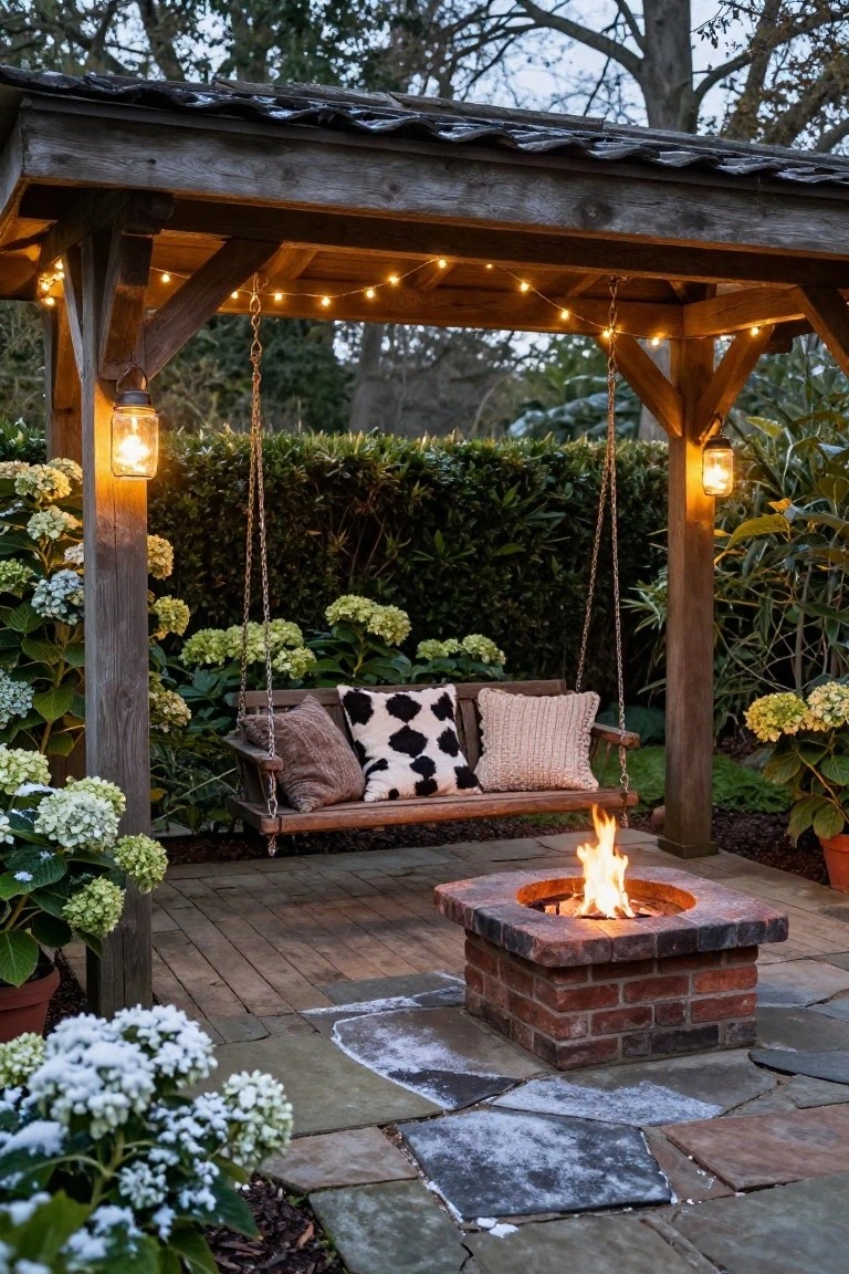 Rustic wooden gazebo with draped string lights, hanging lanterns, cushioned swing, brick fire pit on stone patio, surrounded by hydrangeas and garden hedge at dusk.