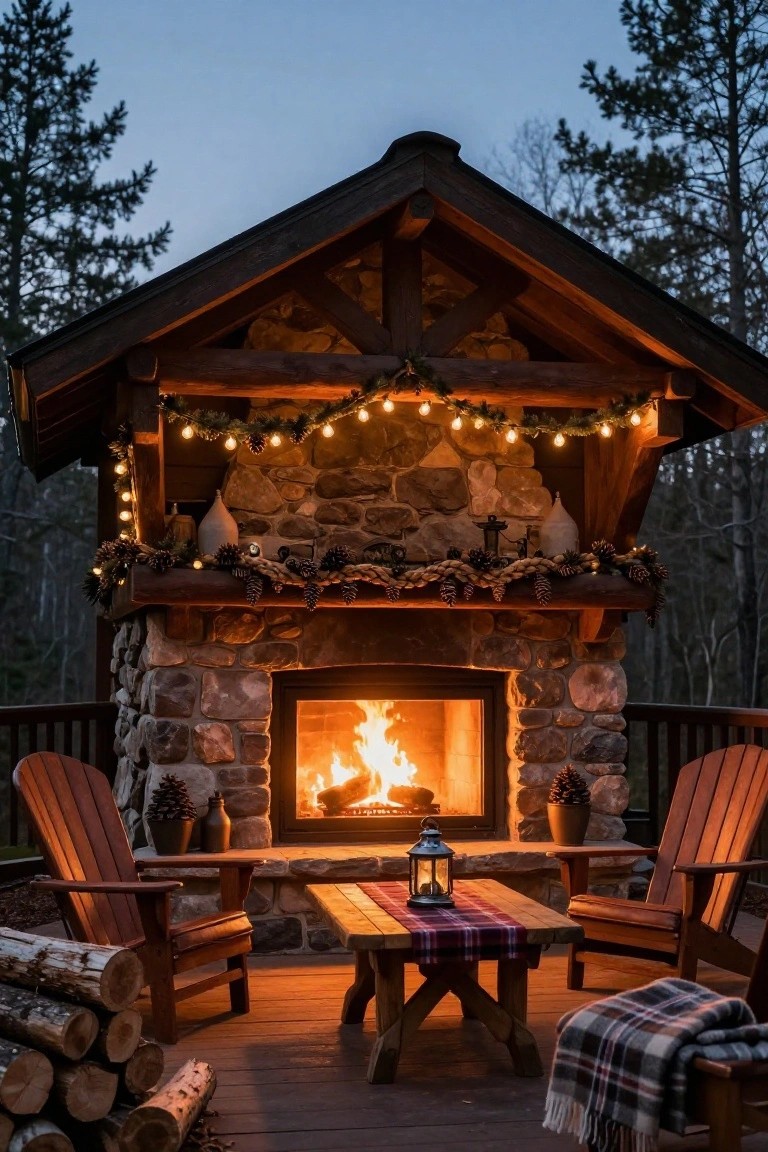 Rustic wooden gazebo on a deck with stone fireplace burning, Adirondack chairs around a table with lantern and plaid blanket, Christmas garlands and string lights along beams and mantel, firewood stacks nearby, pine trees in twilight.