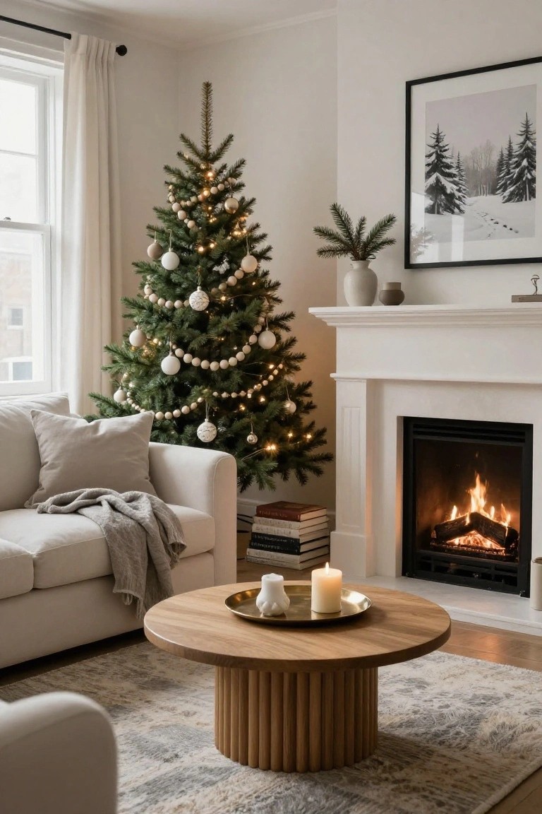 A living room with a Christmas tree decorated with white ornaments, bead garlands, and string lights positioned next to a white fireplace with a fire burning, a neutral sofa, wooden coffee table with candles, and books stacked on the hearth.