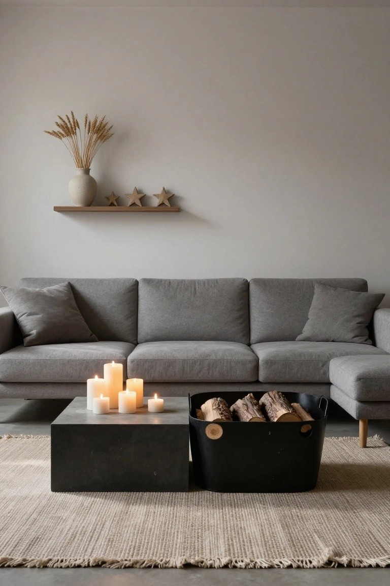 Gray sofa with pillows, black table with candles, woven rug, and decorative shelf.