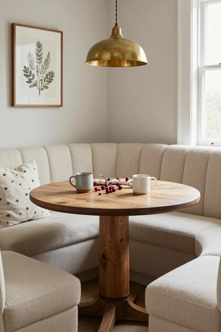 Curved beige booth seating wraps around a round wooden table with two ceramic mugs, red berries, and crackers in a light room under a brass pendant light with fern artwork on the wall.