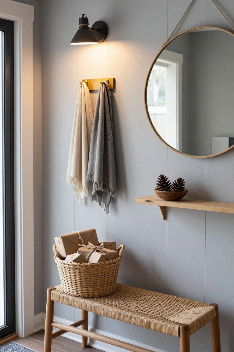 Gray board-and-batten entryway wall with black wall sconce, round rope-hung gold mirror, gold hooks holding cream and gray fringed towels, oak floating shelf holding wooden bowl of pinecones, wicker basket of twine-wrapped brown packages beside woven cord bench on wood floor.