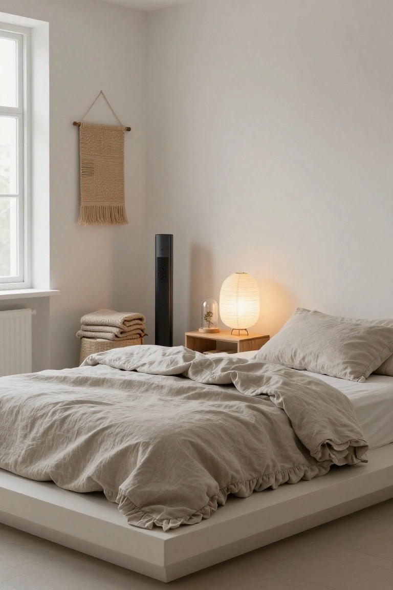 Minimalist bedroom with low white platform bed covered in beige linen duvet and pillows, wooden nightstand holding paper lantern lamp and glass dome with dried flower, tall black speaker, stacked linens in basket, woven wall hanging, and window with radiator.