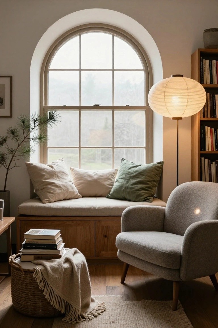 Cozy living space with a rounded window, cushions, a light lamp, and books.