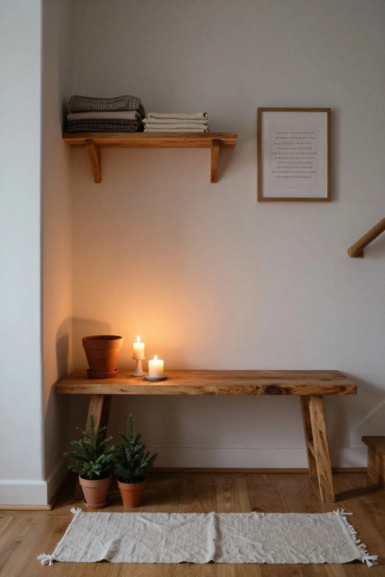 Wooden bench in a white hallway corner next to stairs, with lit candles, two small potted fir trees in terracotta pots, a shelf holding folded linens and towels, a framed print on the wall, and a light rug on the wood floor.