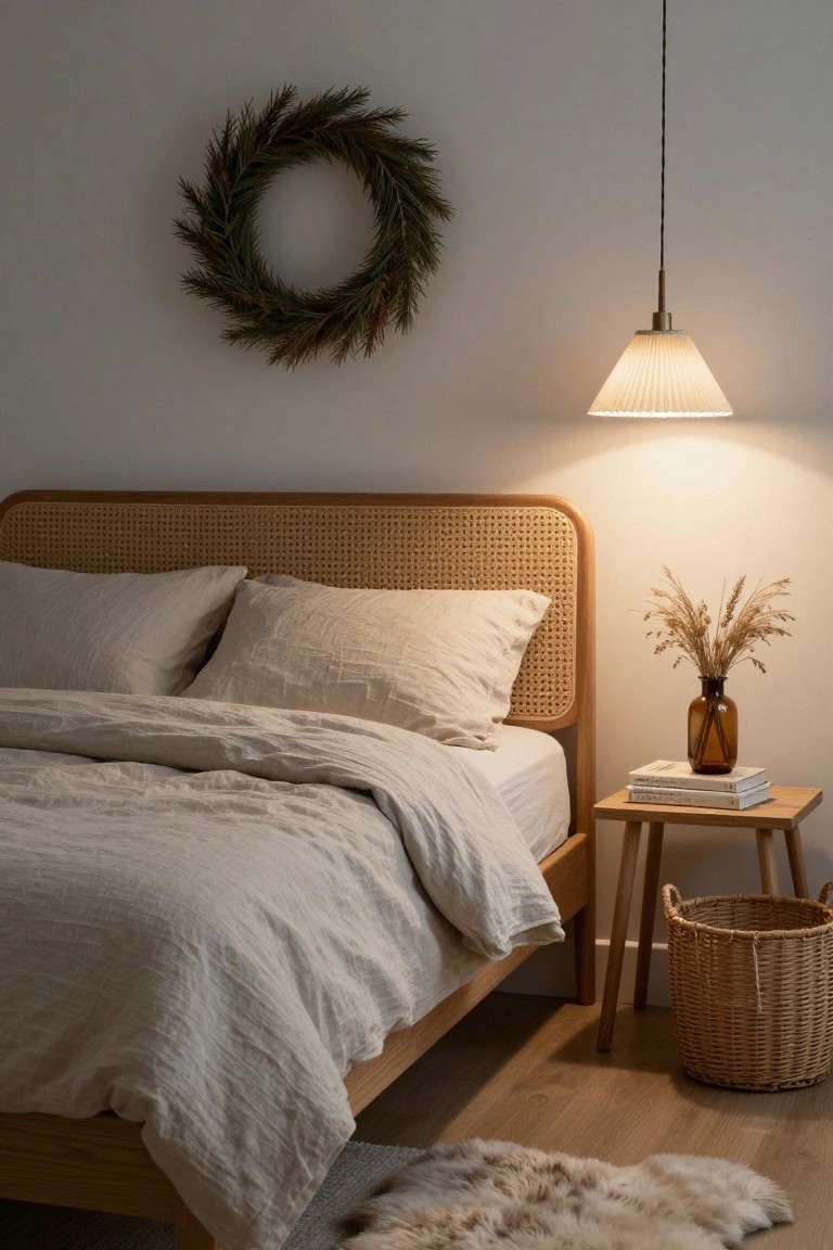 Cozy bedroom interior featuring a rattan headboard with white linen bedding, a wooden nightstand holding books and pampas grass in a brown vase, a pendant lamp overhead, a green fir wreath on the white wall above the bed, a wicker basket on the floor, and a sheepskin rug nearby.