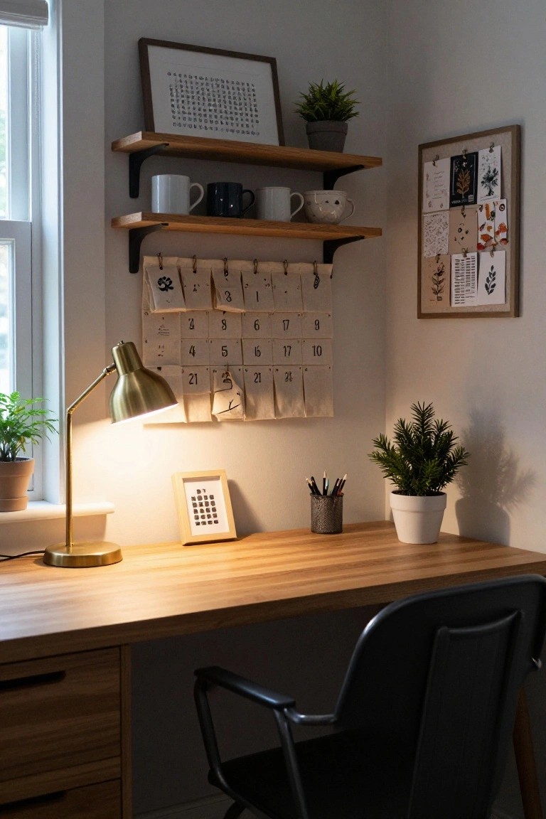 Light wood desk with brass lamp, black chair, and metal pencil holder in a corner room; wooden wall shelves hold white and patterned mugs, potted plants, and a framed print; beige fabric tear-off calendar with numbers hangs nearby; small fern and pine plants on surfaces.