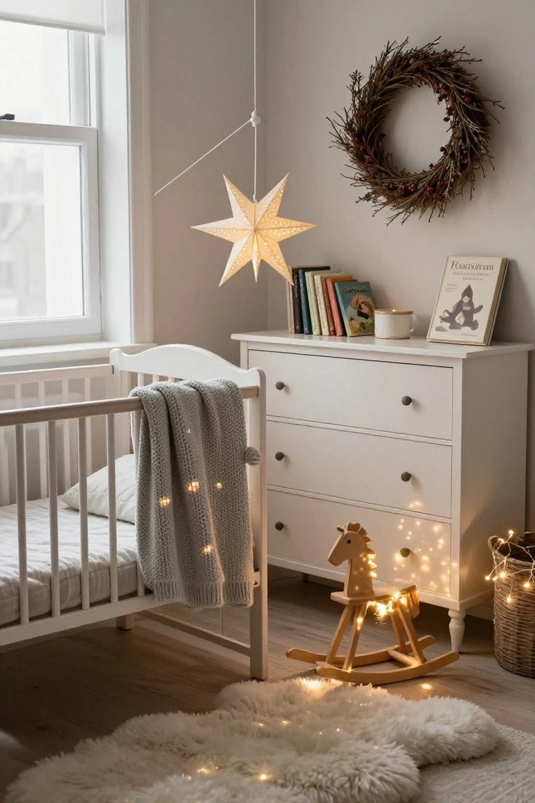 A minimalist nursery with white wooden crib draped in gray knit blanket and fairy lights, wooden rocking horse wrapped in fairy lights next to white dresser, hanging star-shaped paper lantern, berry wreath on wall, books on shelf, and sheepskin rug on wood floor.
