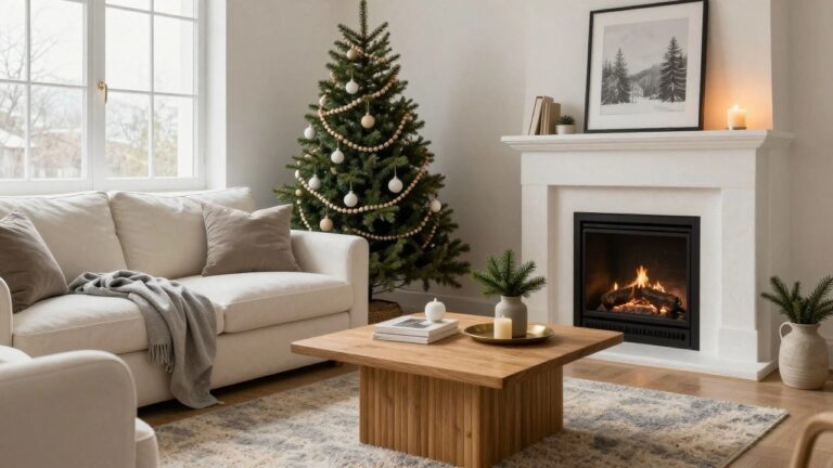 A living room with a Christmas tree decorated with white ornaments, bead garlands, and string lights positioned next to a white fireplace with a fire burning, a neutral sofa, wooden coffee table with candles, and books stacked on the hearth.