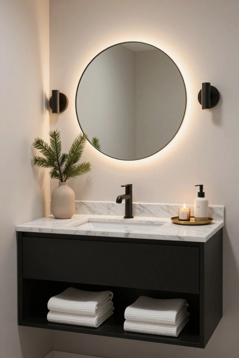 Modern floating black bathroom vanity with white marble countertop and integrated sink, black matte faucet, round mirror with LED backlight and black sconces, beige vase holding green fir branches, lotion dispenser, lit candles on gold tray, and stacked white towels in open shelf below.