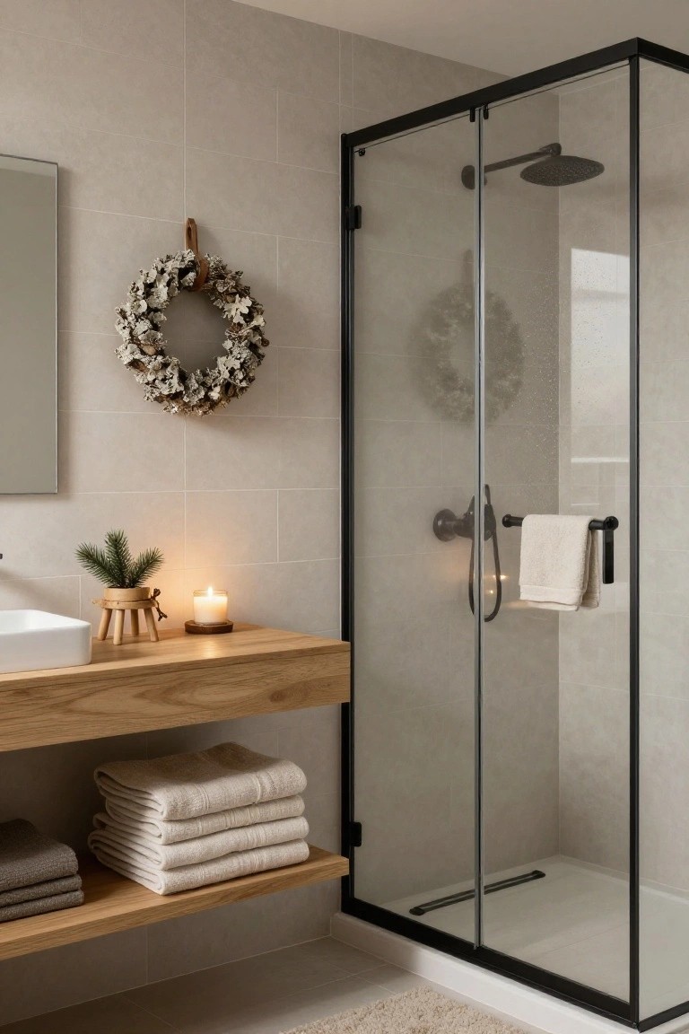 Modern minimalist bathroom with light gray tiles, black-framed glass shower enclosure, floating wooden vanity holding stacked white towels, small pine plant in pot, lit candle, and dried wreath on wall.
