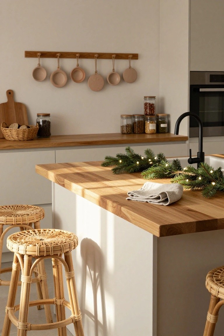 Modern Scandinavian kitchen with white cabinets, wooden island counter topped by pine garland with fairy lights and a linen cloth, rattan bar stools, hanging clay pots on a wooden rack, jars of spices, and black faucet.