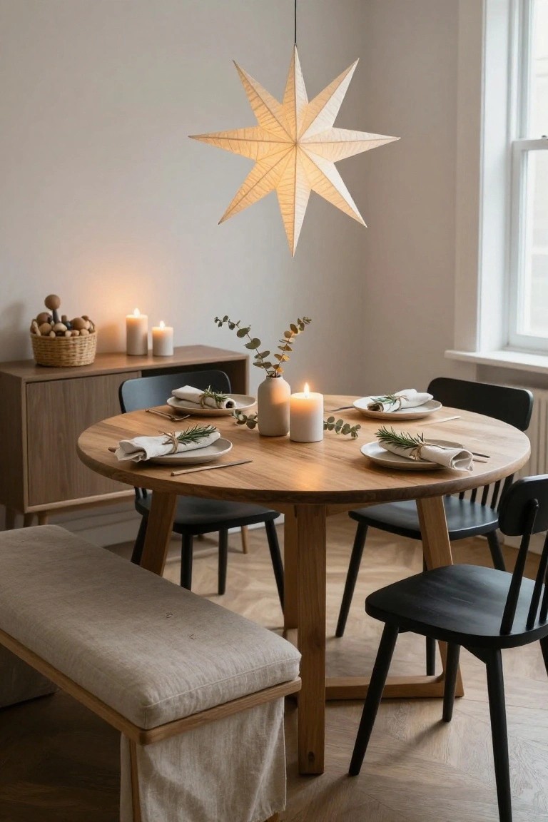 Round wooden dining table in a light room, set with white plates, linen napkins tied with rosemary sprigs, candles, eucalyptus, black chairs, a bench, sideboard, and hanging white paper star lantern.