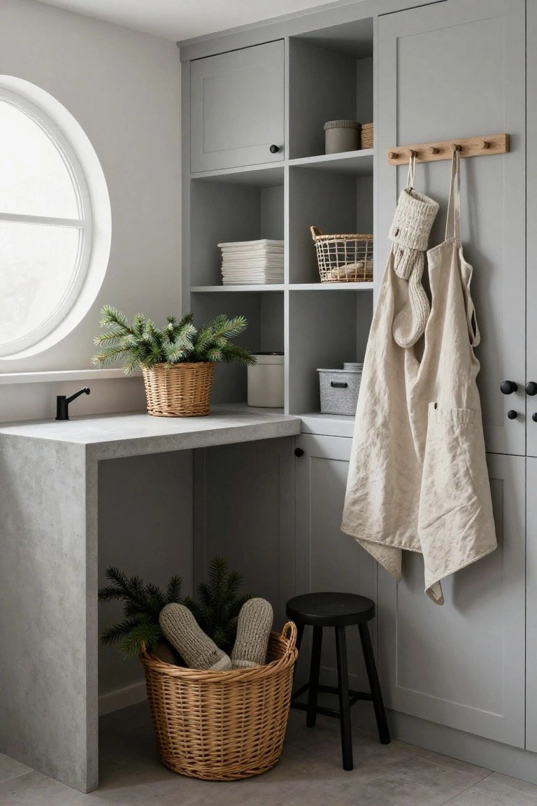 Modern kitchen corner featuring gray cabinetry, woven baskets, and a black stool.