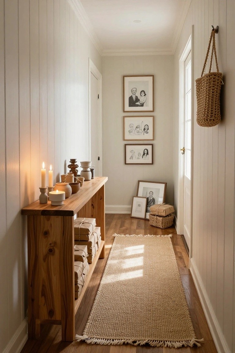 White paneled hallway with wooden console table holding candles, pottery, wrapped gifts, and leaning family photos, seagrass runner on wood floor, woven bag on wall hook.