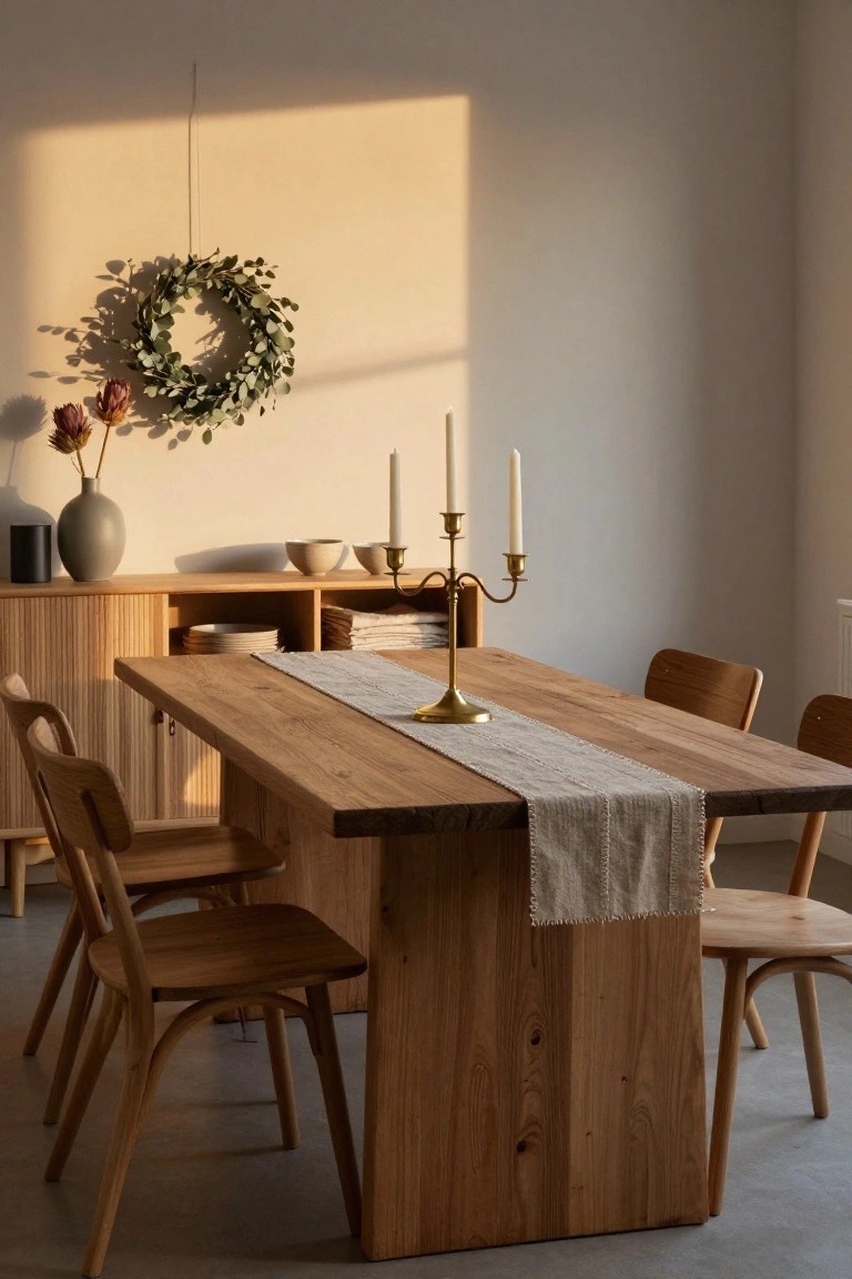 A sunlit dining room with a large live-edge wooden table covered by a beige linen runner and gold candelabra, four wooden chairs, a wooden sideboard holding ceramics and linens, a gray vase with dried flowers, and a eucalyptus wreath on the beige wall.
