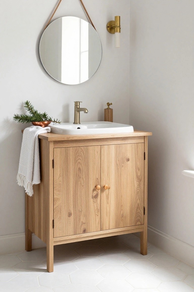 Light oak wood bathroom vanity cabinet with double doors under a white rectangular sink, brass faucet, gold soap dispenser, fir sprig in copper bowl on counter, white towel draped on side, round mirror with leather hanger on white wall, hexagonal white floor tiles.