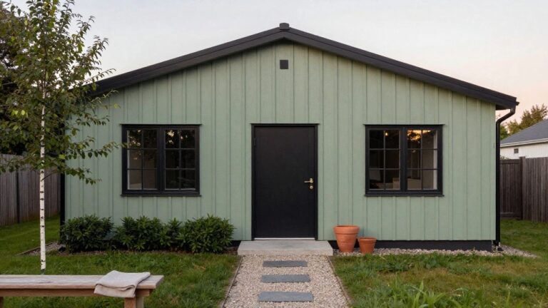 15 Scandinavian Green House Exteriors That Feel Minimalist Small green house with vertical board-and-batten siding, black-framed glass door and window, wooden bench with blanket, two terracotta pots, gravel path, concrete step, grass lawn, and boxwood hedge.