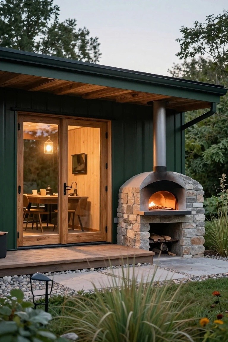 Dark green wooden cabin with large glass French doors revealing wooden interior, adjacent curved stone wood-fired oven with fire and pizza inside, wooden deck steps, stone path, ornamental grasses, and trees at dusk.