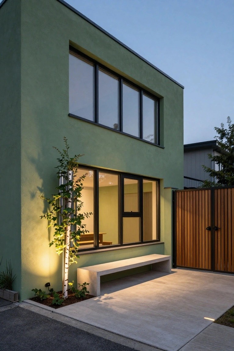 Side exterior of a green modernist house featuring tall black-framed windows, a slim lit birch tree, concrete bench, wooden double gate, and concrete paving at dusk.