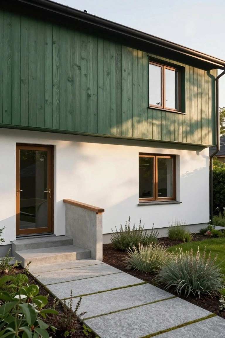 Side exterior of a house with dark green vertical wood cladding on a sloped upper wall, white plaster lower wall with brown-framed glass door and window, concrete steps and slab pathway, and low grasses in the yard.