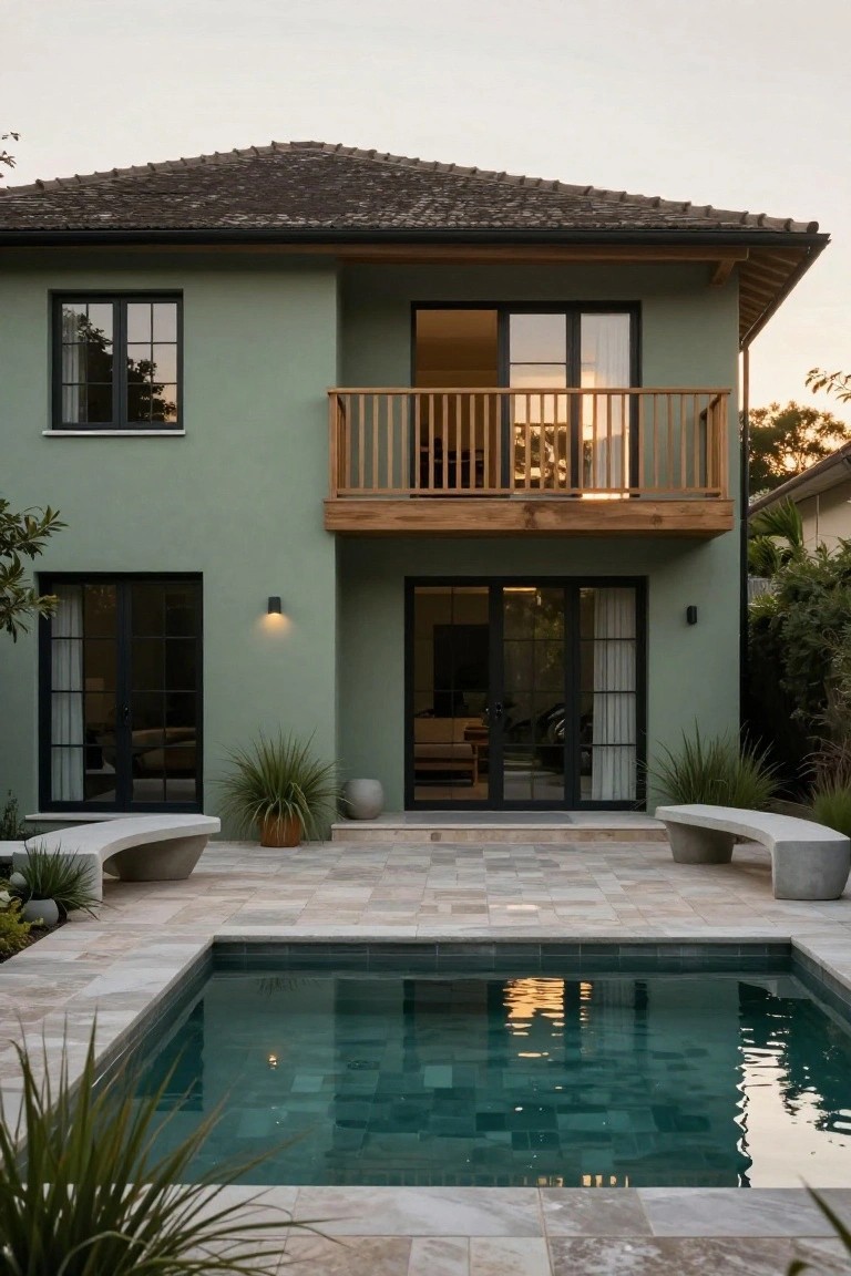 Rear exterior of a two-story house painted sage green with black-framed windows and doors, a protruding wooden balcony, large sliding glass doors, and a rectangular pool with light stone decking and potted plants nearby.