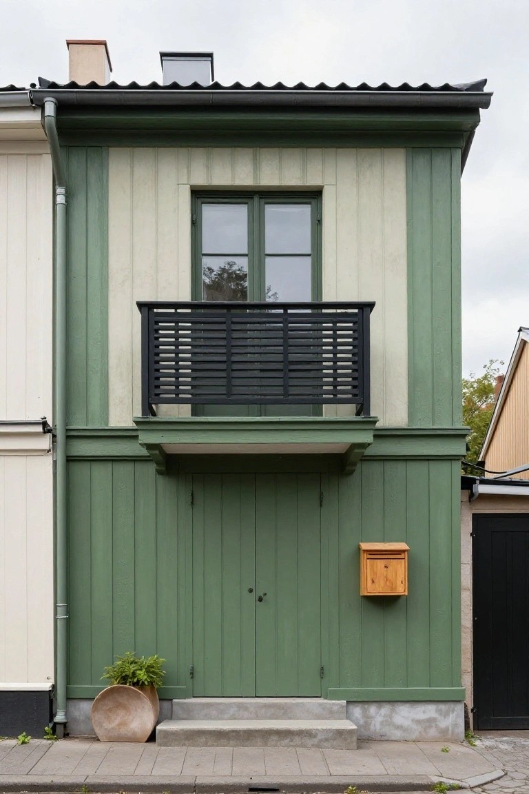 Narrow two-story house exterior with light green vertical wood siding, beige upper panels on one side, black metal balcony above green double doors, wooden mailbox, terracotta pot with plant, and concrete steps on a paved walkway.