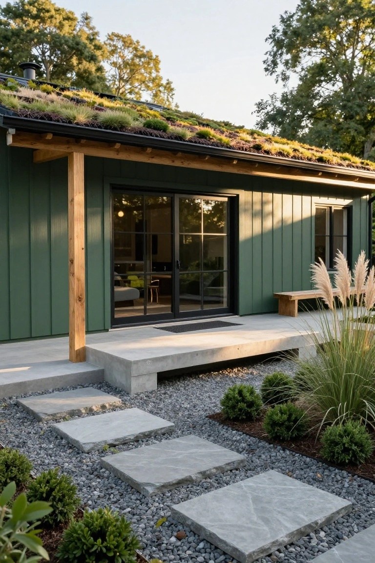 Side exterior of a green wood-sided house with a living green roof covered in grasses and mosses, a wooden porch post, sliding glass doors, concrete deck and steps, gravel ground cover, boxwoods, and pampas grass.