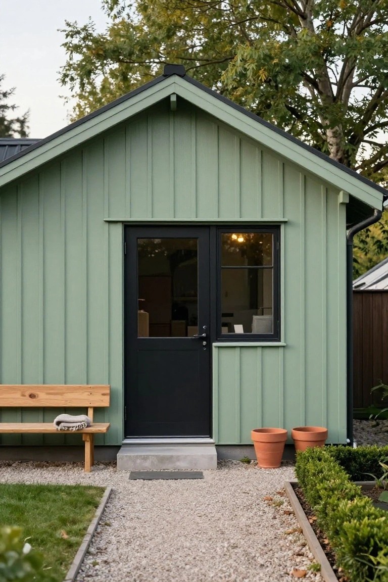 Small green house with vertical board-and-batten siding, black-framed glass door and window, wooden bench with blanket, two terracotta pots, gravel path, concrete step, grass lawn, and boxwood hedge.