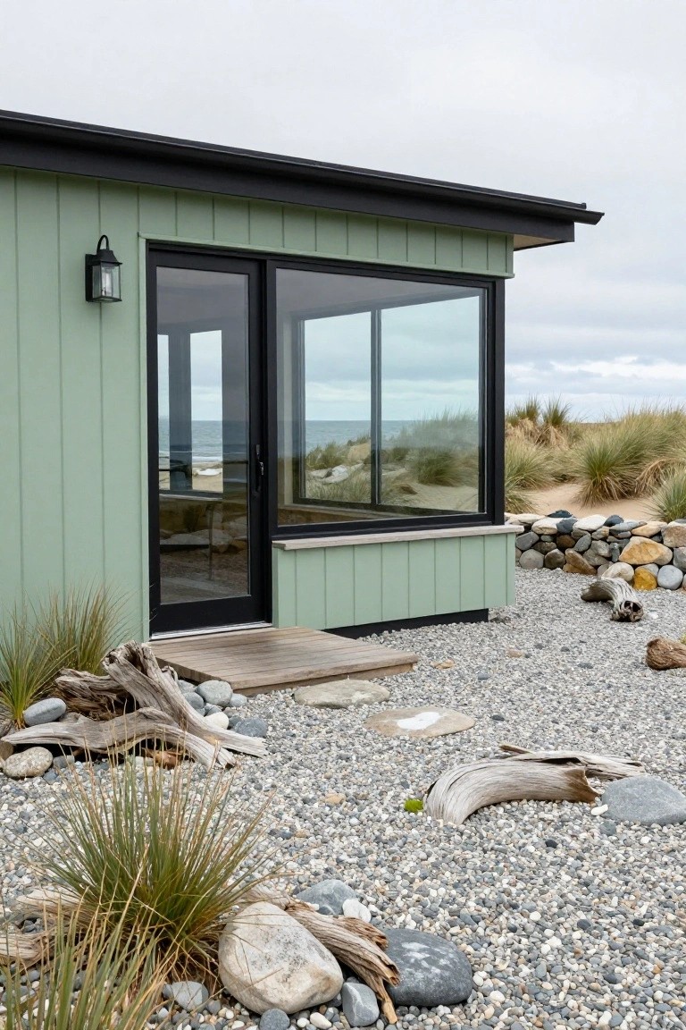Side exterior of a light green vertical board-and-batten house with black-framed sliding glass doors overlooking beach dunes, surrounded by gravel, driftwood pieces, grasses, and a low stone wall.