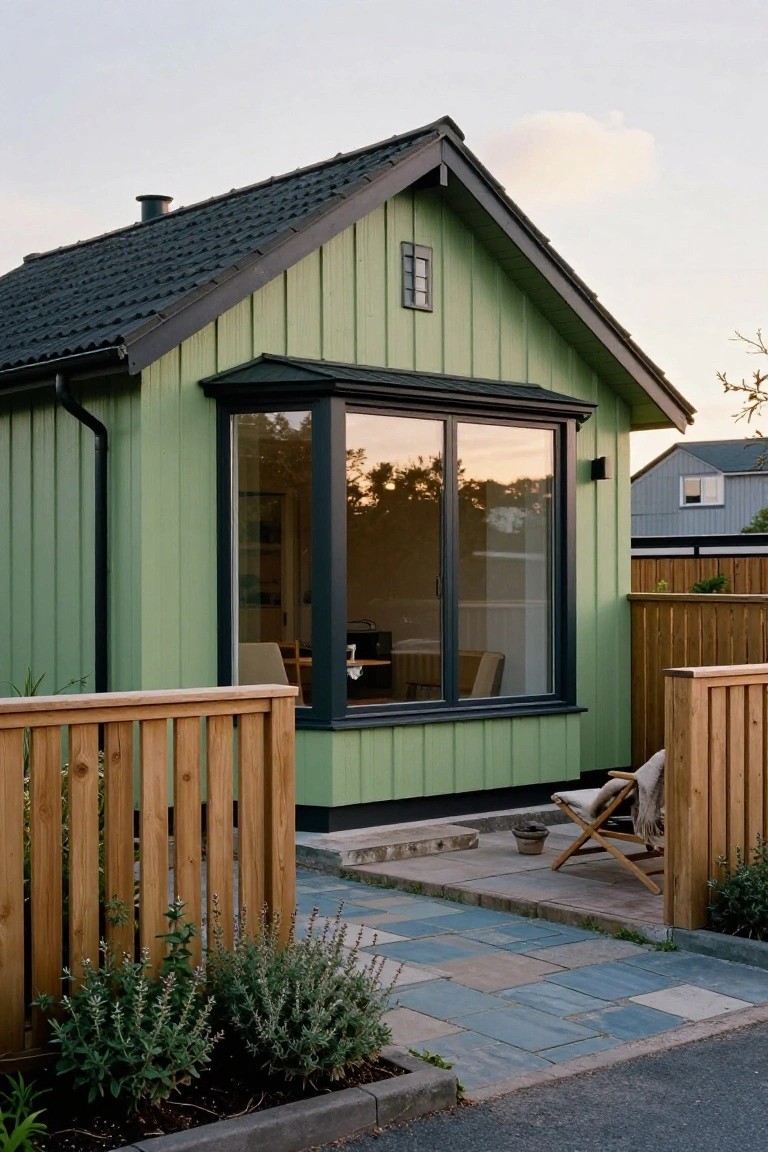 Small green house with a black roof, large window, wooden fence, and stone pathway.