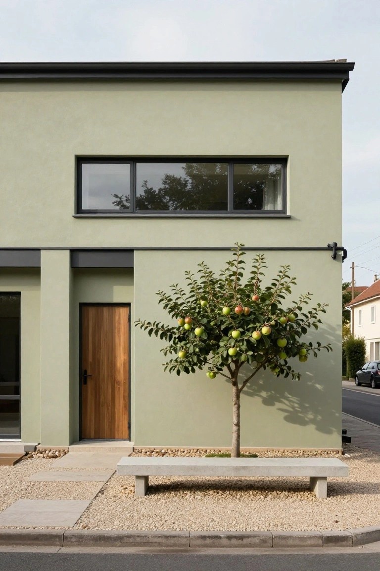 Modern house exterior with pale green walls, black window frames, wooden front door, small apple tree bearing green apples, concrete bench, gravel ground cover, and path leading to street.