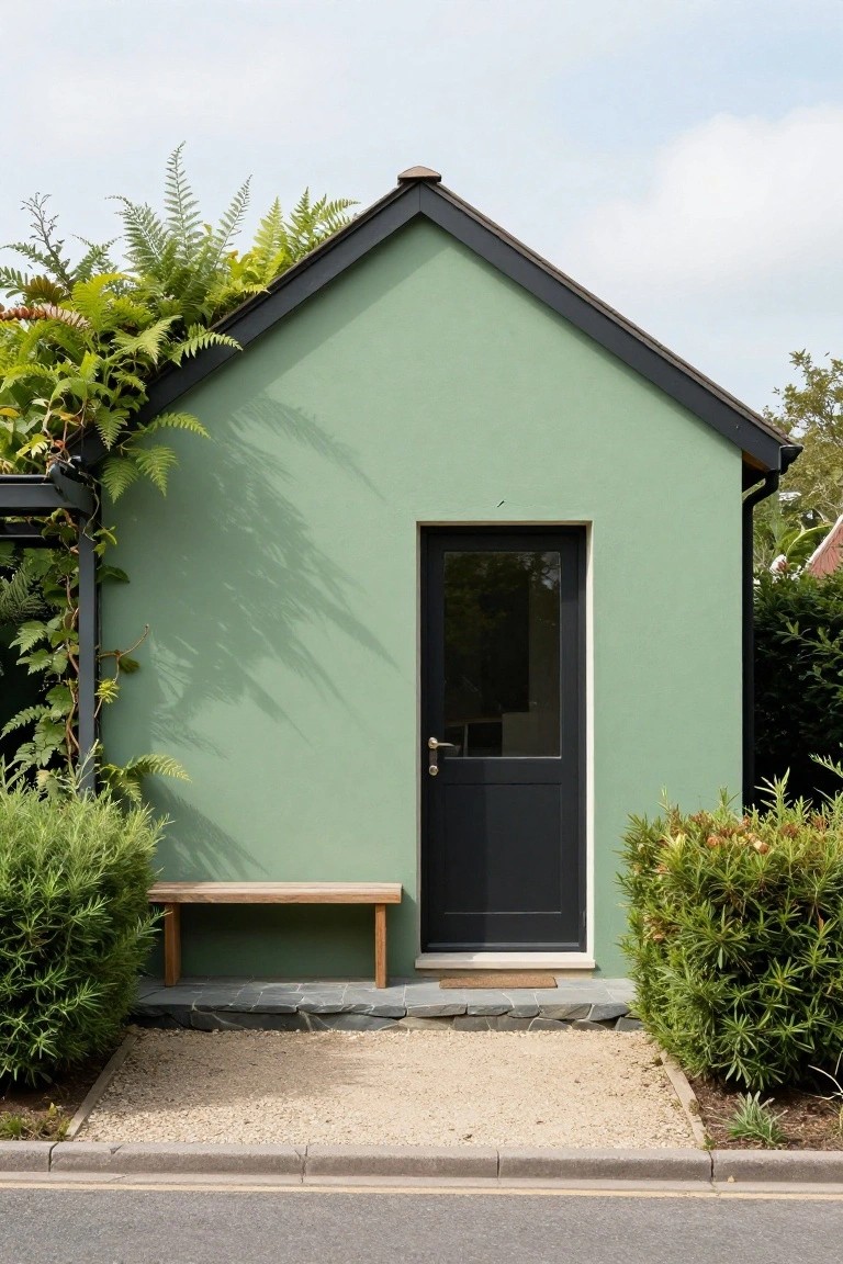 Small pale green gabled garden shed with black-framed glass door, wooden bench on gravel path in front, climbing ferns and shrubs on sides.