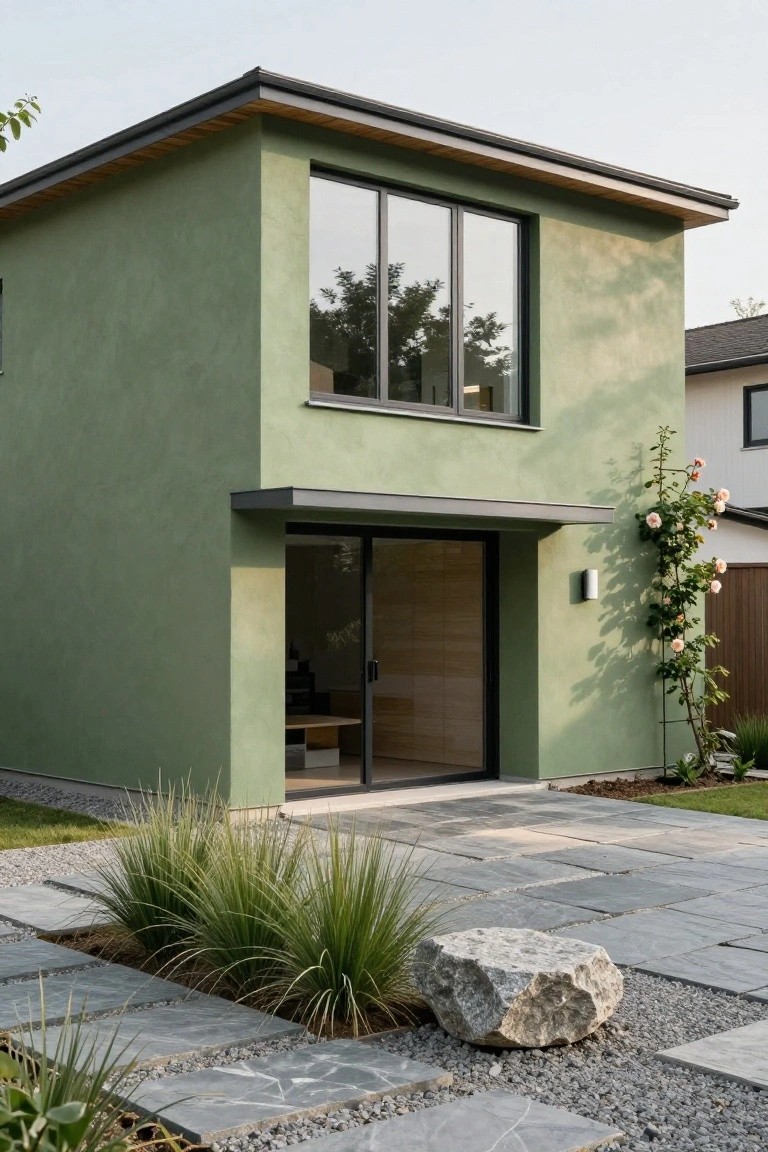 A mint-green stucco house with black-framed windows and a sliding glass door under a gray overhang, next to climbing roses, with a slate pathway, grasses, and a large boulder in the front yard.