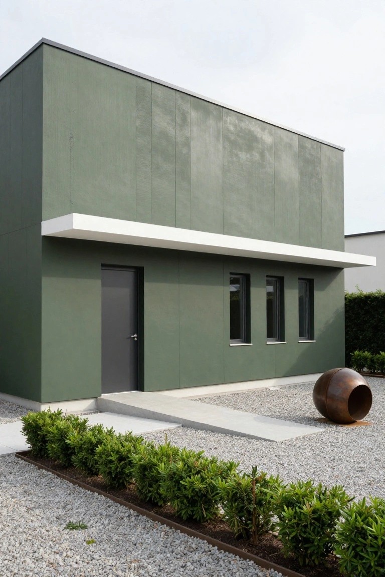 Boxy modern house painted matte green with flat roof, white overhang above entrance, three narrow black-framed windows, black door, gravel yard edged by boxwood hedges, and a large bronze spherical sculpture.