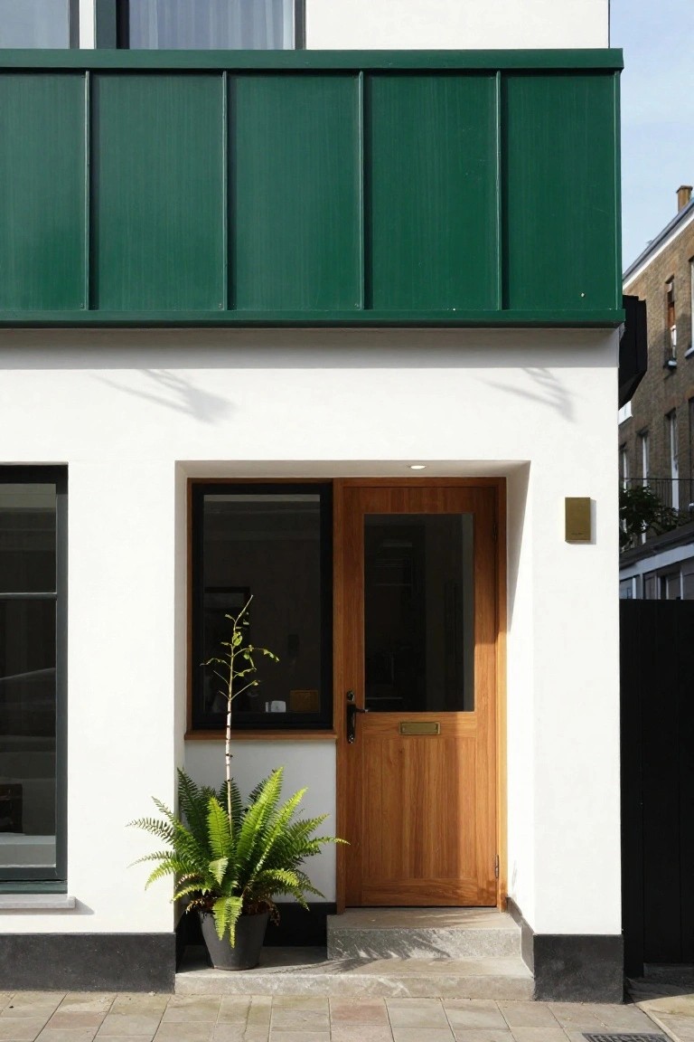 House exterior with white rendered walls, green metal-clad upper section, a wooden front door with glass panel and brass knocker, a potted fern plant beside the entry, a slim window to the left, and a brick pathway.