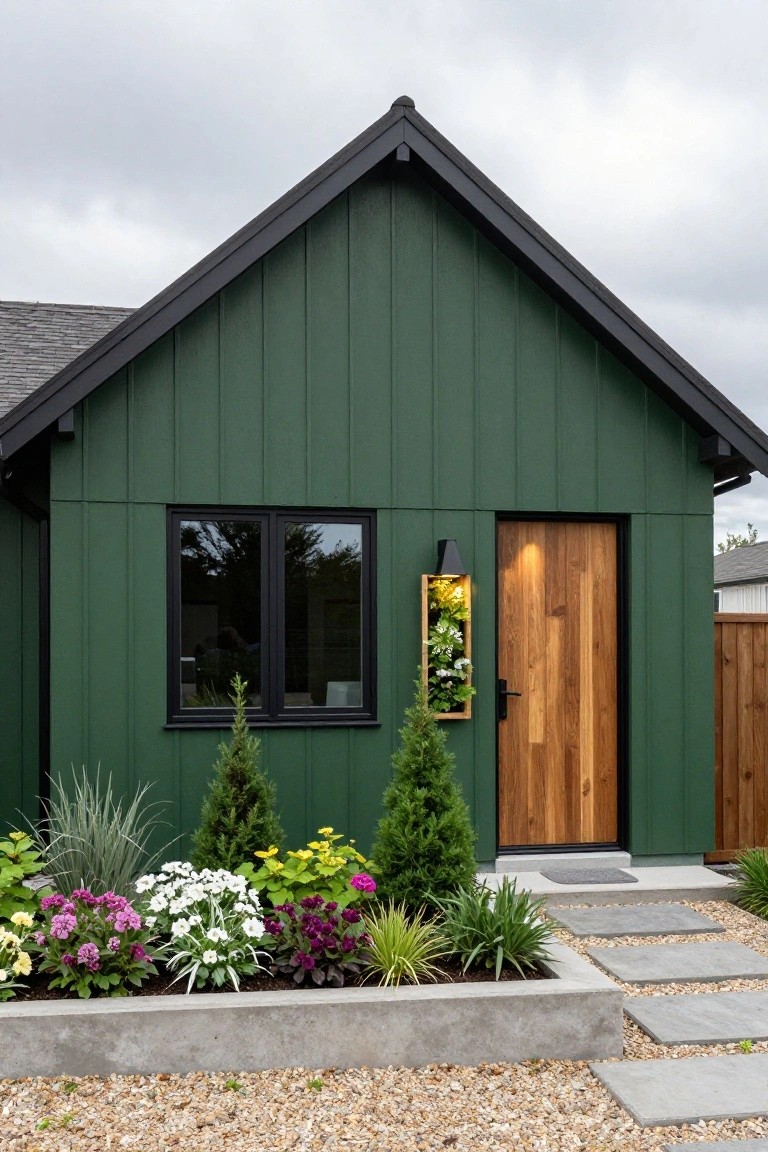Front view of a small dark green vertical board-and-batten house with black trim, a warm wood entry door lit by a wall sconce and vertical planter, flanked by small trees and a concrete planter bed with flowers, leading to a stone path.