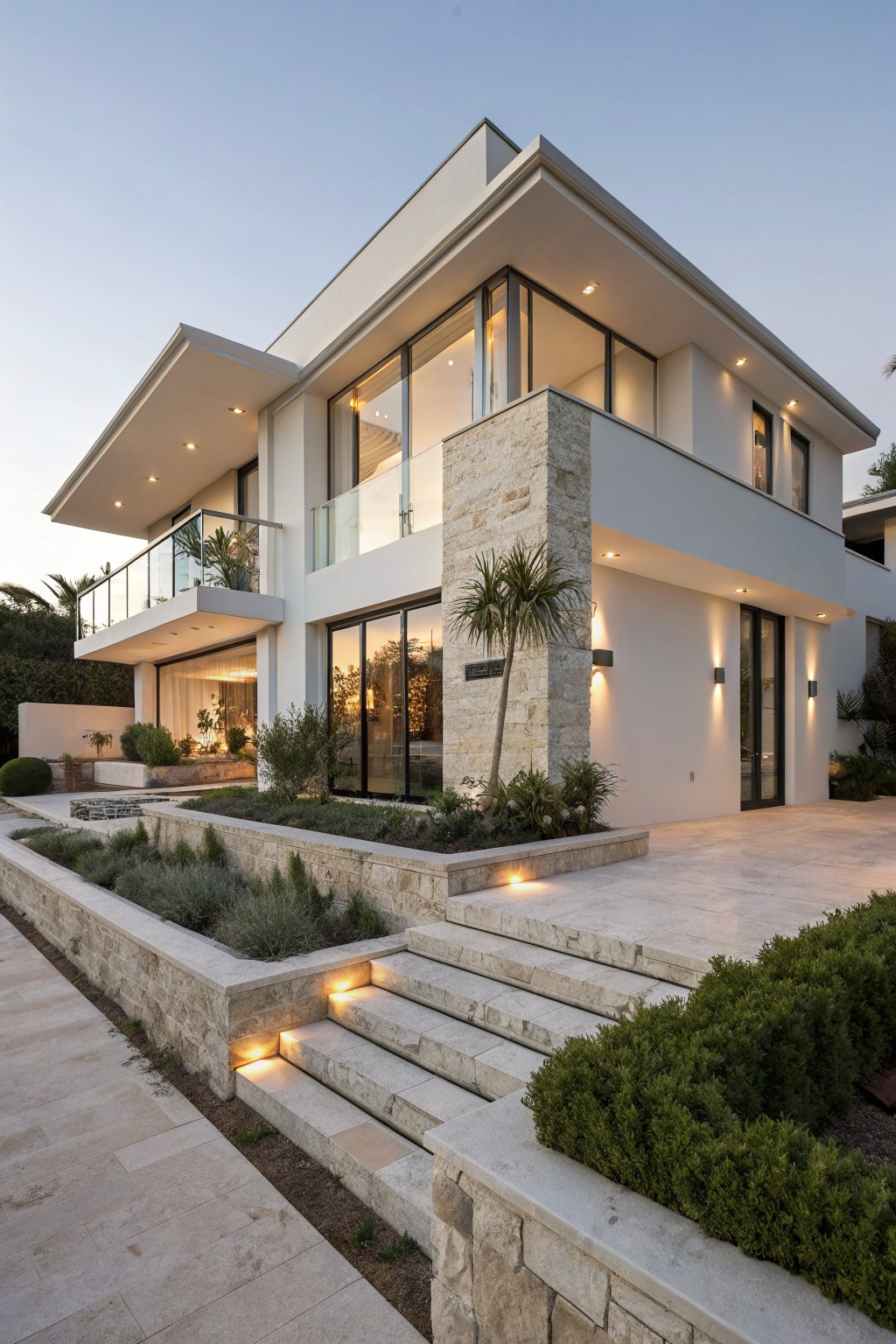 Modern white two-story house exterior with beige stone pillar on corner, glass balcony railing, large windows, entry door, stone steps, and landscaped retaining walls.