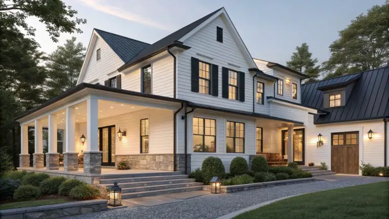 White shiplap house exterior with black metal roof, arched covered porch entry supported by stone pillars and base, wooden arched front door with black hardware, lanterns on posts, stone steps, boxwood shrubs, gravel driveway, and lawn at dusk.