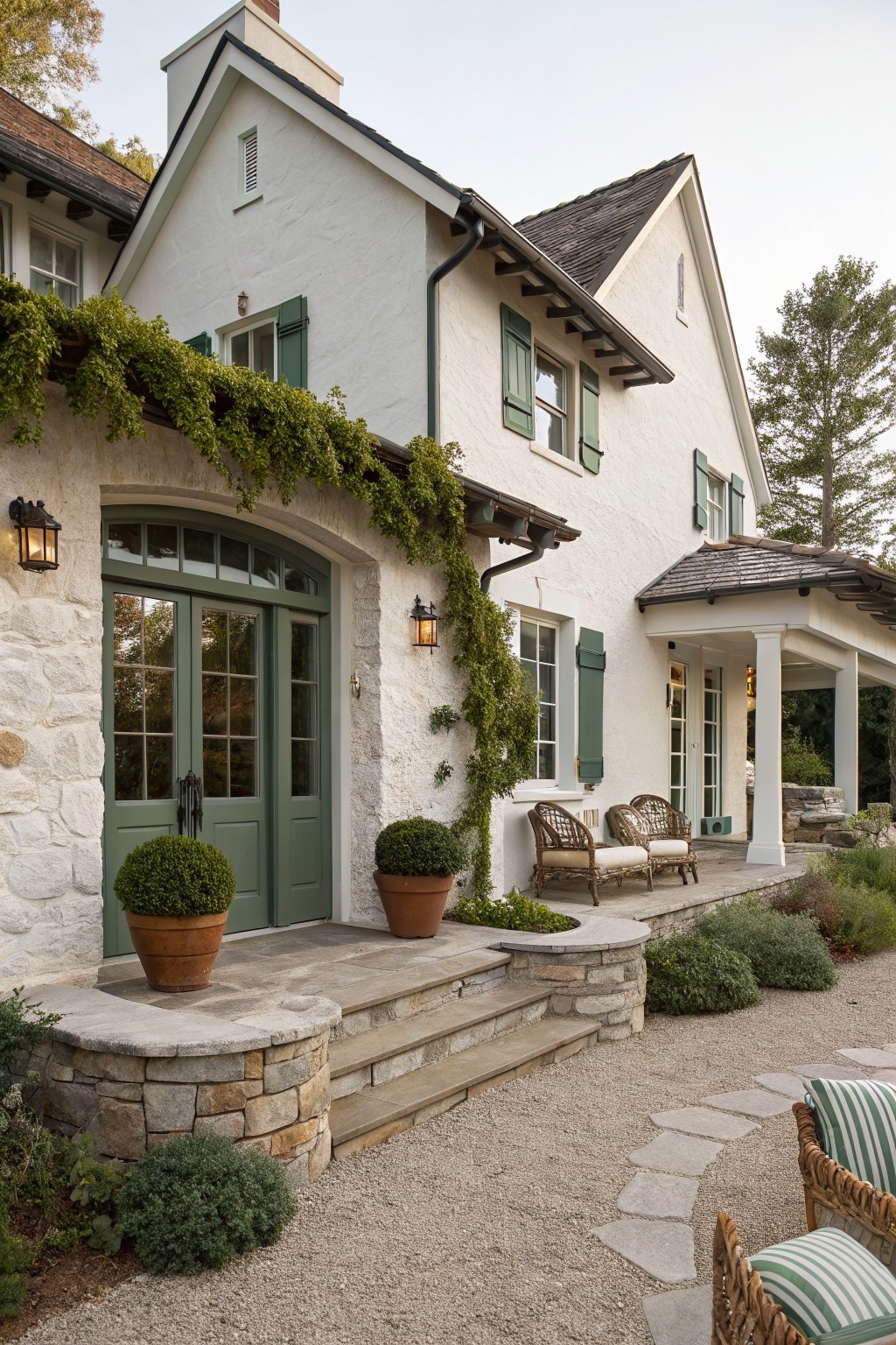 White stucco house exterior featuring arched green double doors framed by stone, with climbing vines on walls, green shutters, potted plants, stone steps, and nearby wicker chairs on a gravel path.