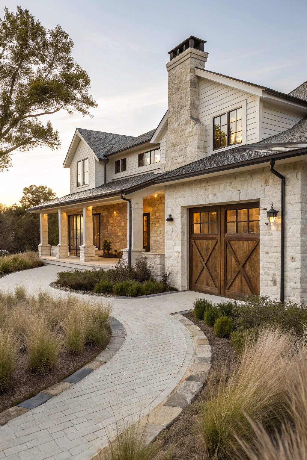 Side view of a white-sided house with stone chimney, garage featuring wooden double doors, covered porch with columns, and curved stone pathway edged by grasses at sunset.
