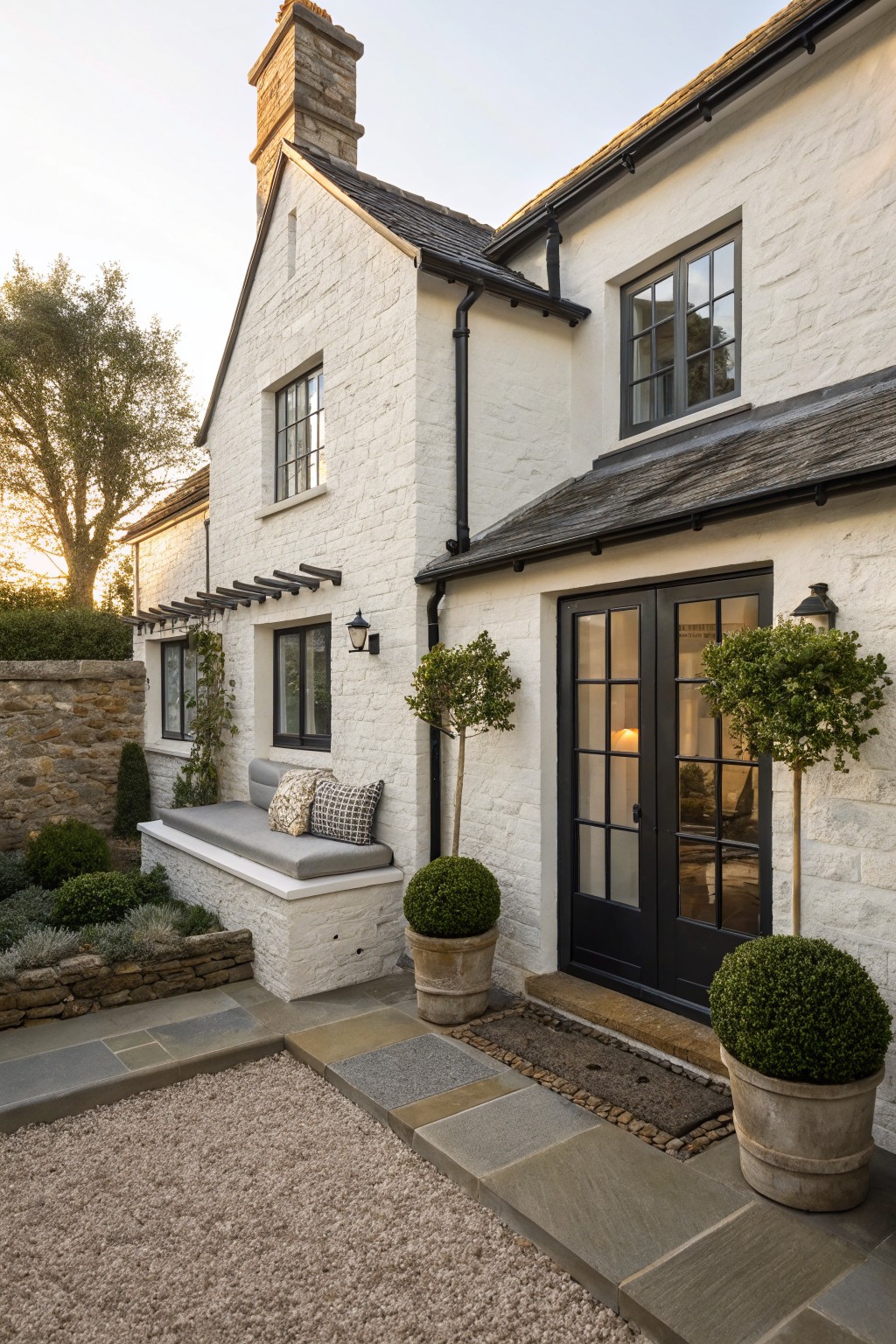Side exterior of a two-story white stucco house with black metal-framed windows and French doors, stone chimney and plinth base, built-in cushioned bench, boxwood topiaries in pots, stone garden wall, gravel area, and slate roof at dusk.