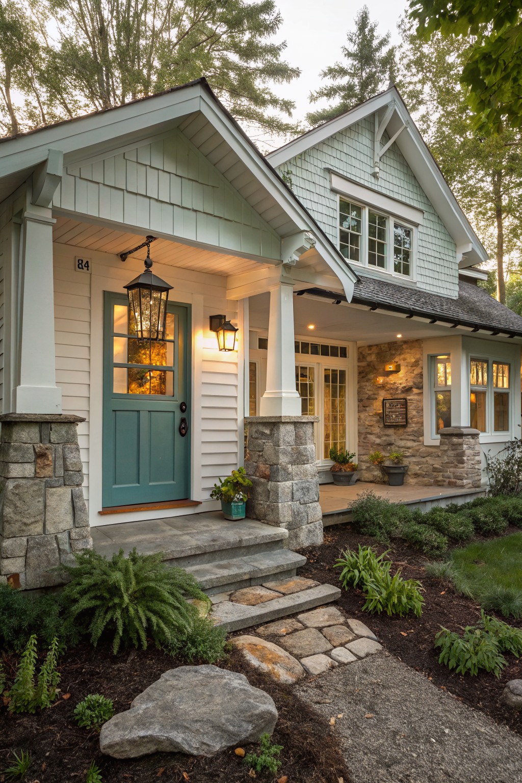 A light green shingle-sided house with a covered front porch supported by tall stone pillars, a teal paneled front door with lanterns, stone foundation accents, and low plantings along stone steps.