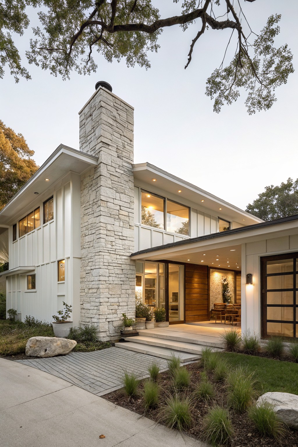 White board-and-batten house exterior with tall light stone chimney on the corner, large horizontal windows, wooden entry door with glass panels, front steps, and landscaping with grasses and boulders.