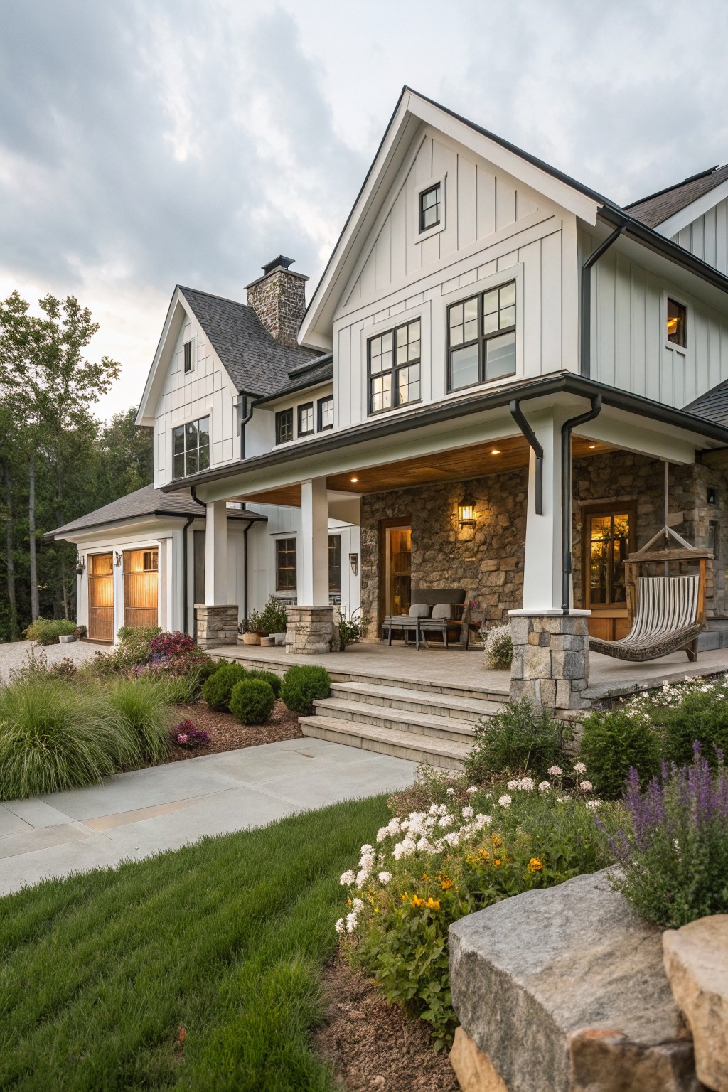 A two-story white board-and-batten house with stone porch columns and accents, attached garage, porch seating, hammock, steps, and front yard landscaping.