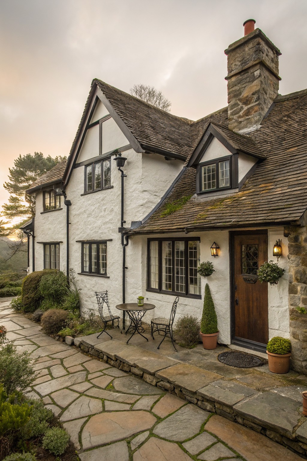 A two-story white half-timbered house with black wooden beams, tall stone chimney, mossy slate roof, stone pathway leading to wooden front door with lanterns, potted plants, and metal bistro table and chairs nearby.