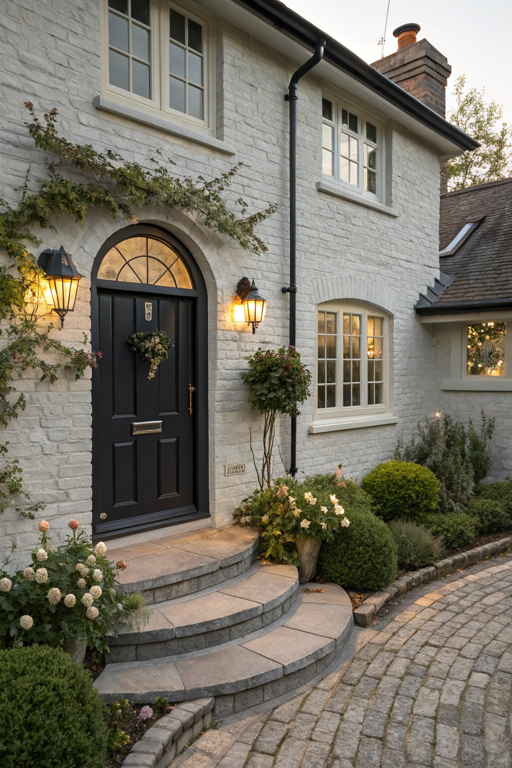 White brick house exterior with black front door featuring a brass knocker and wreath, arched fanlight window above, lanterns on brick walls, climbing vines, potted plants, shrubs, stone steps, and cobblestone path.